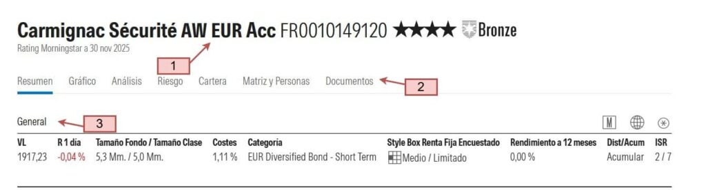 4-ficha-general-morningstar-carmignac-securite | IFI - invertir en fondos Barra de datos generales de Carmignac Sécurité