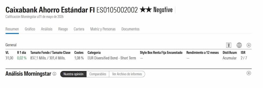 Ficha Caixabank Ahorro Estándar en Morningstar