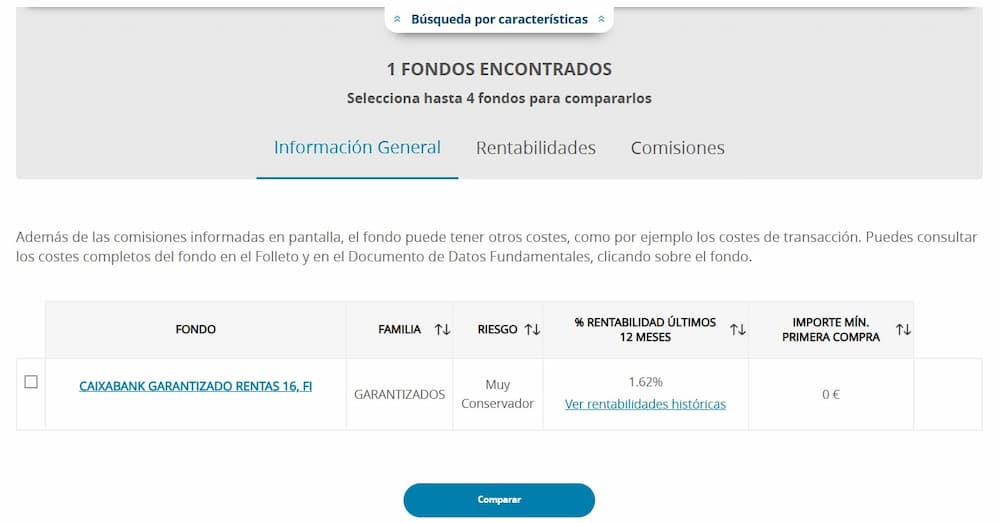 Ejemplo de fondos garantizados en el buscador de Caixabank