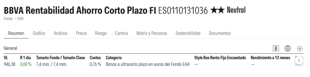 bbva-rentabilidad-ahorro-corto-plazo-ficha-morningstar | IFI - invertir en fondos Ficha en Mornignstar de BBVA Rentabilidad Ahorro Corto Plazo