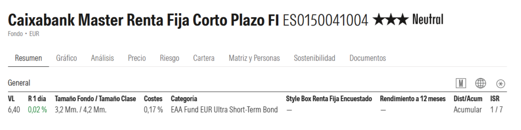 caixabank-master-renta-fija-corto-plazo-ficha-morningstar | IFI - invertir en fondos Ficha de Caixabank Master Renta Fija Corto Plazo en Morningstar